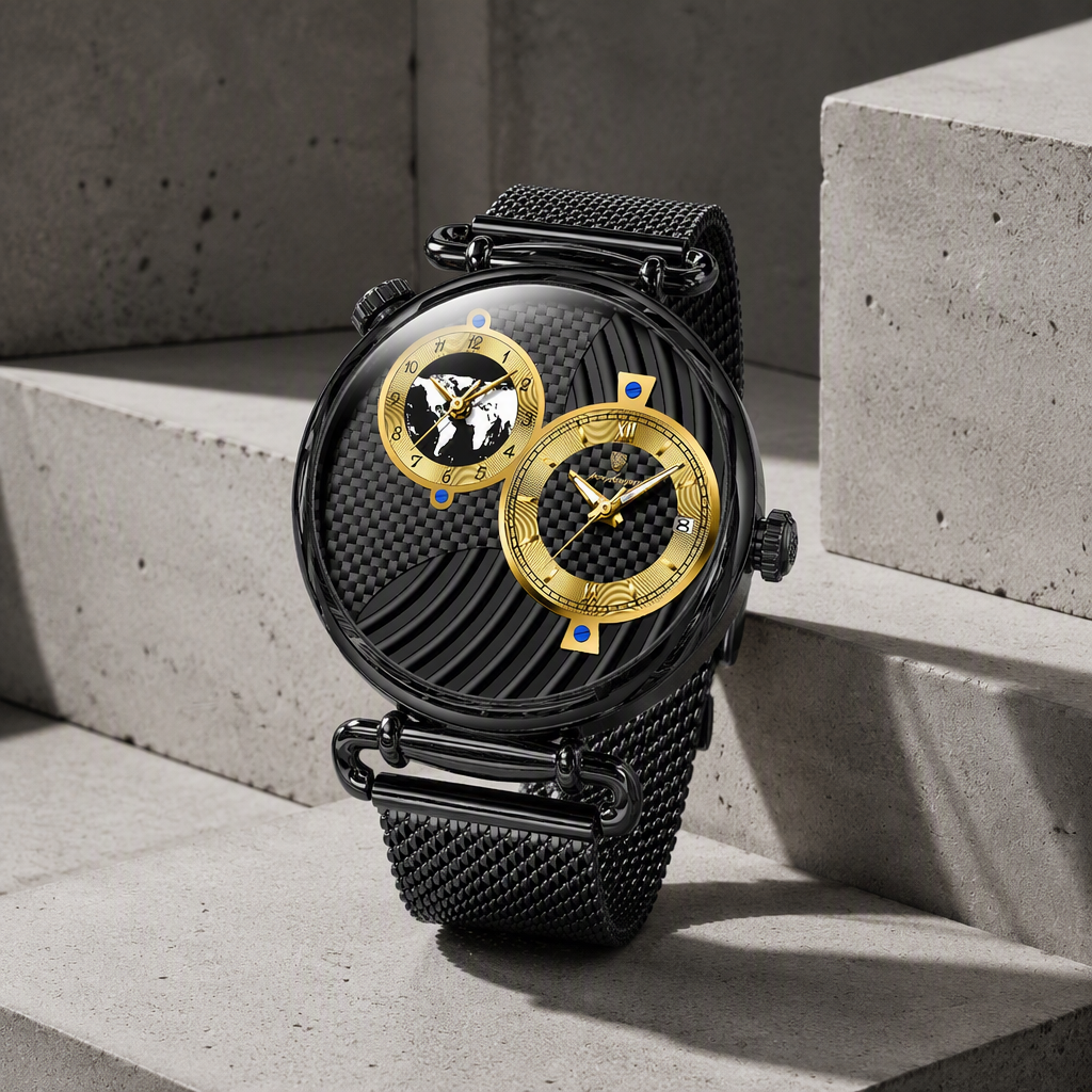 Montre homme bracelet milanais à double fuseau, boîtier noir et cadrans dorés