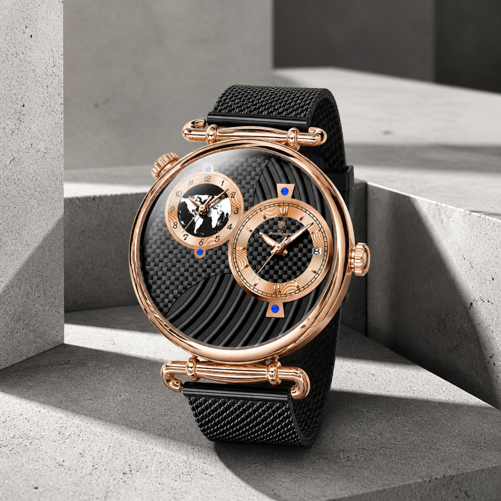 Montre homme bracelet milanais à double fuseau, cadran noir et boîtier or rose