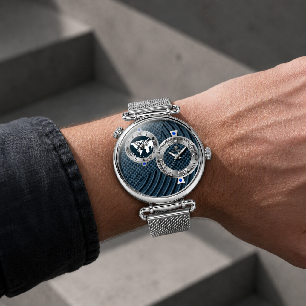 Montre homme carte du monde portée au poignet, boîtier acier et cadran bleu
