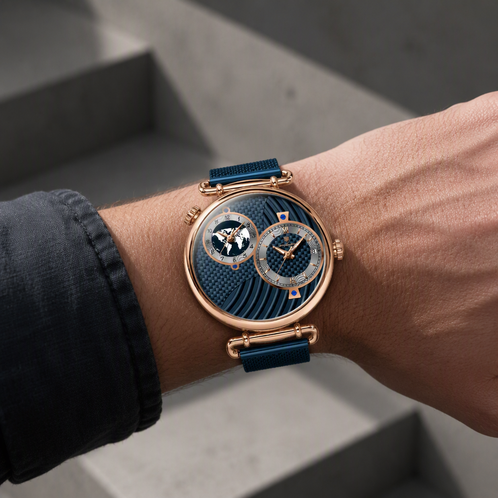 Montre homme carte du monde portée au poignet, boîtier or rose et maille milanaise bleue