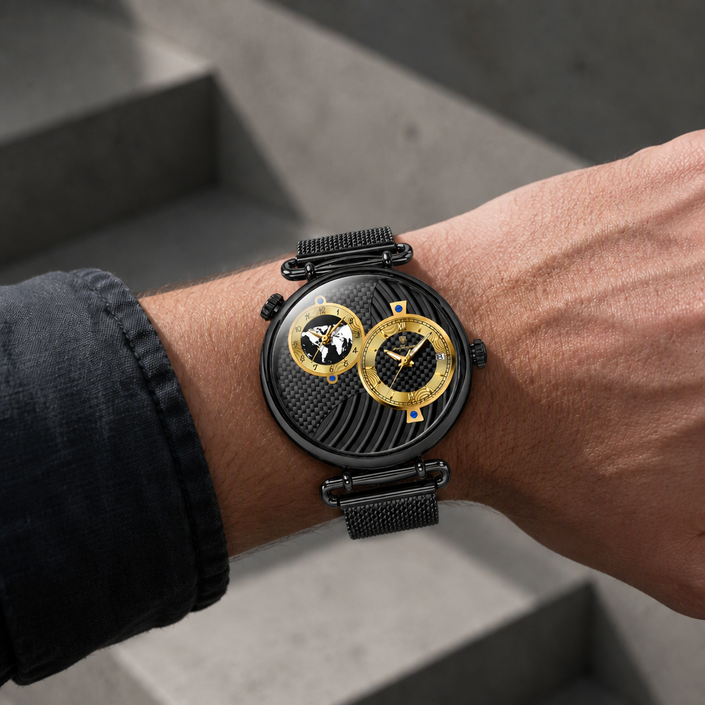 Montre homme carte du monde portée au poignet, version noire et dorée