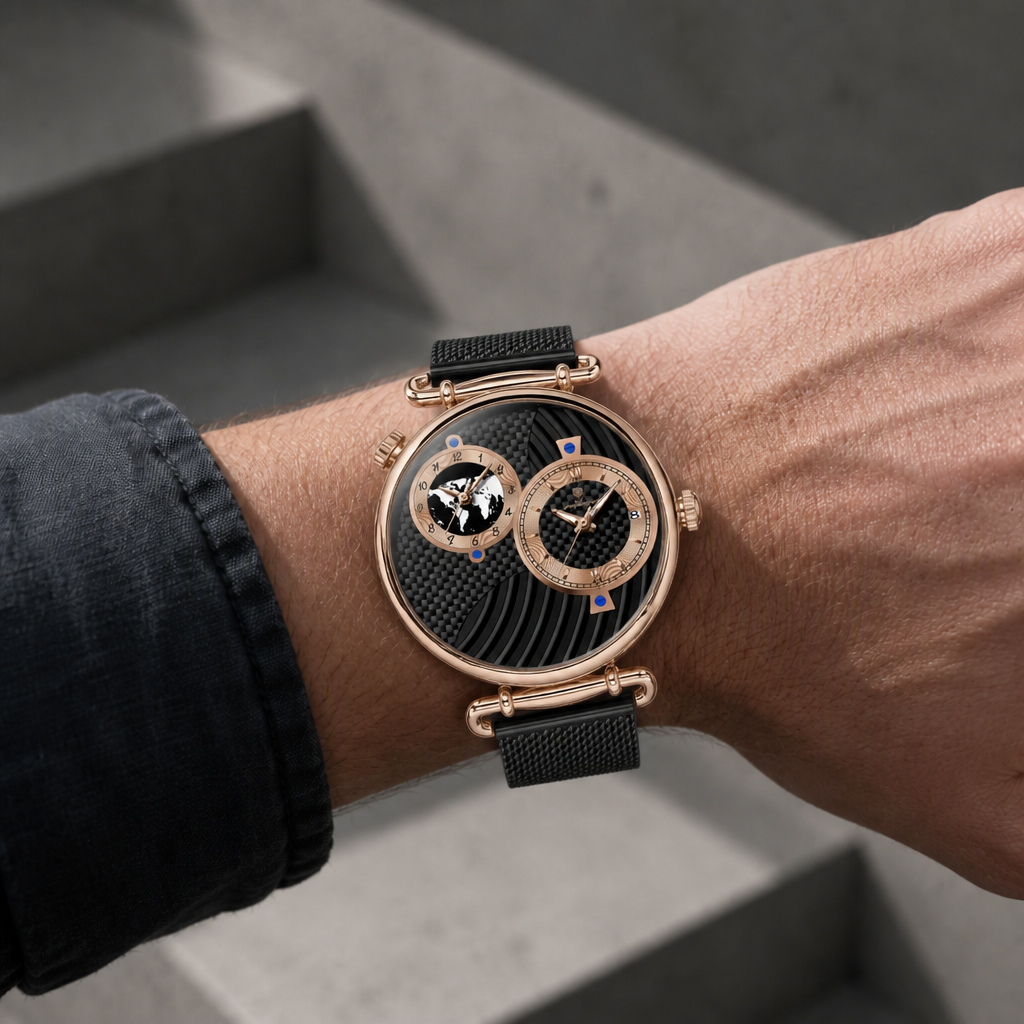 Montre homme carte du monde portée au poignet, boîtier or rose et maille noire