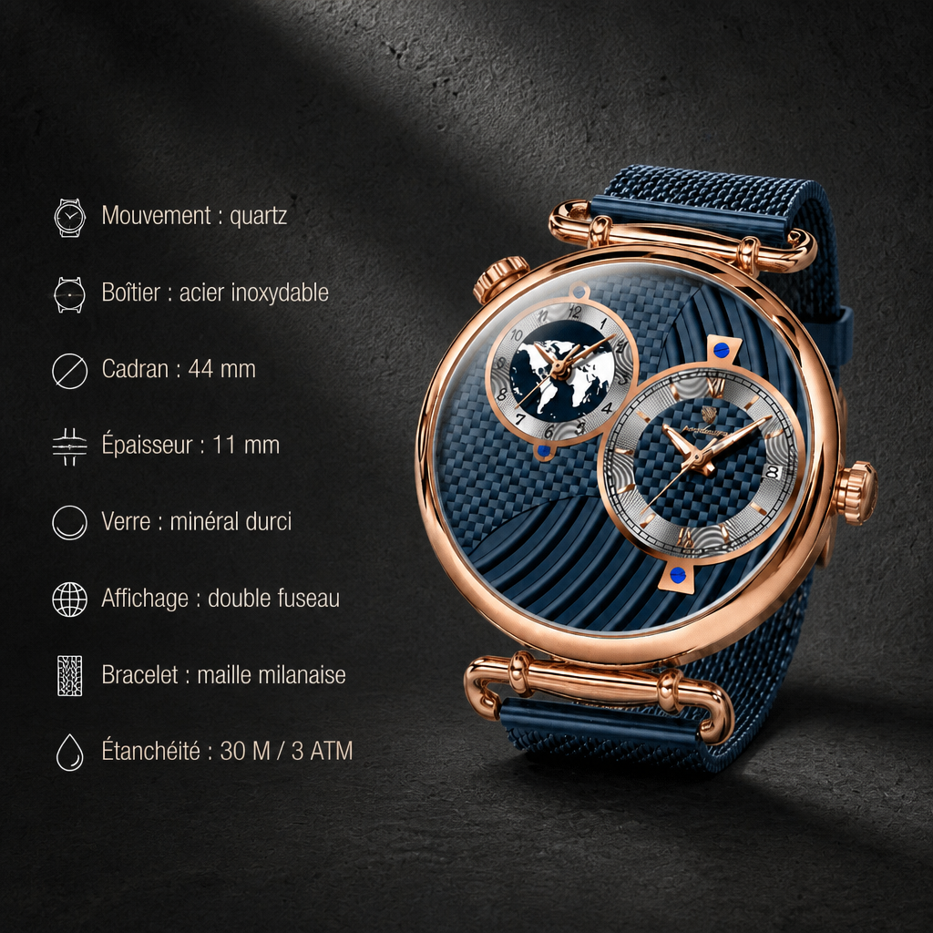 Caractéristiques de la montre homme à bracelet milanais et carte du monde