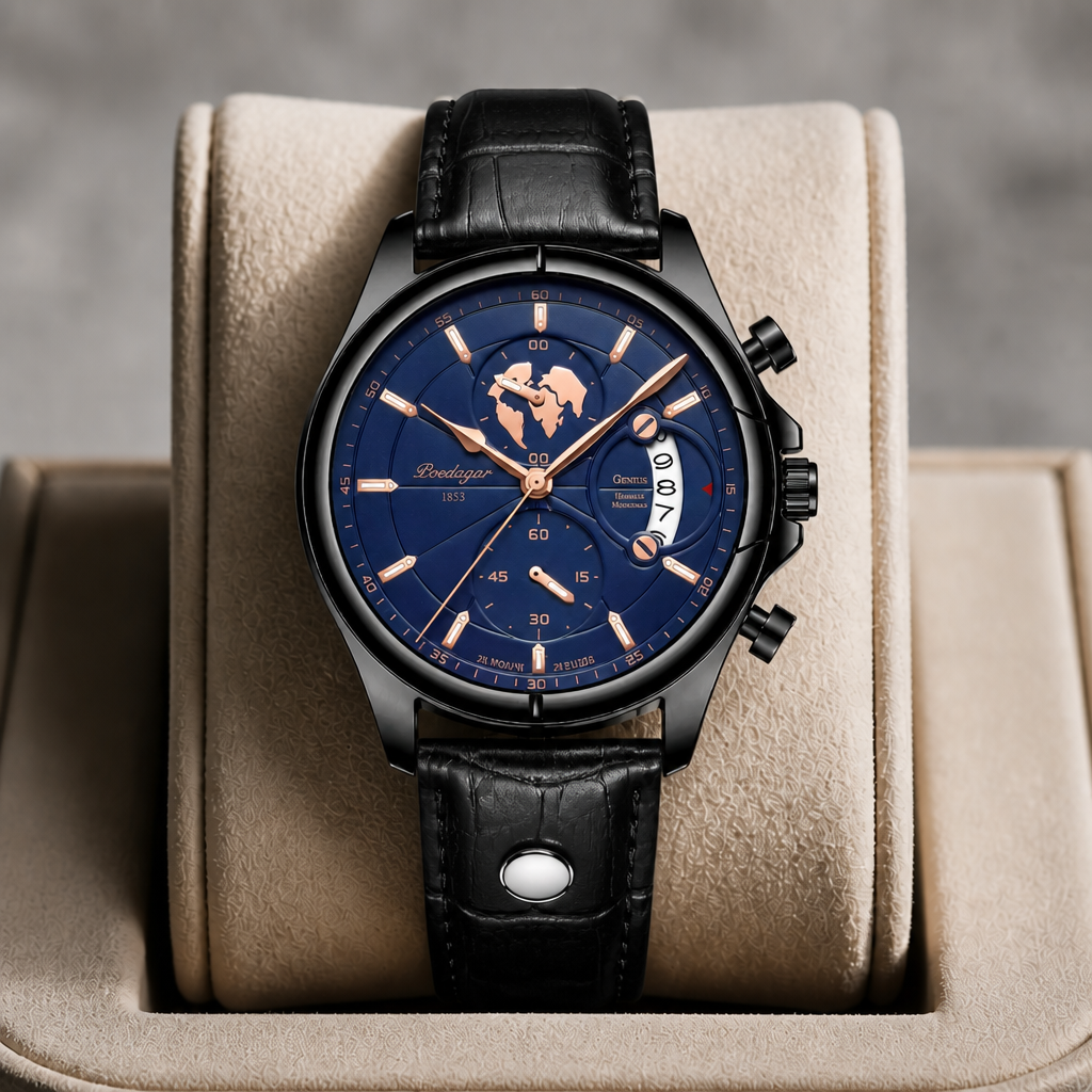 Montre ronde homme au cadran bleu présentée dans son écrin en cuir beige