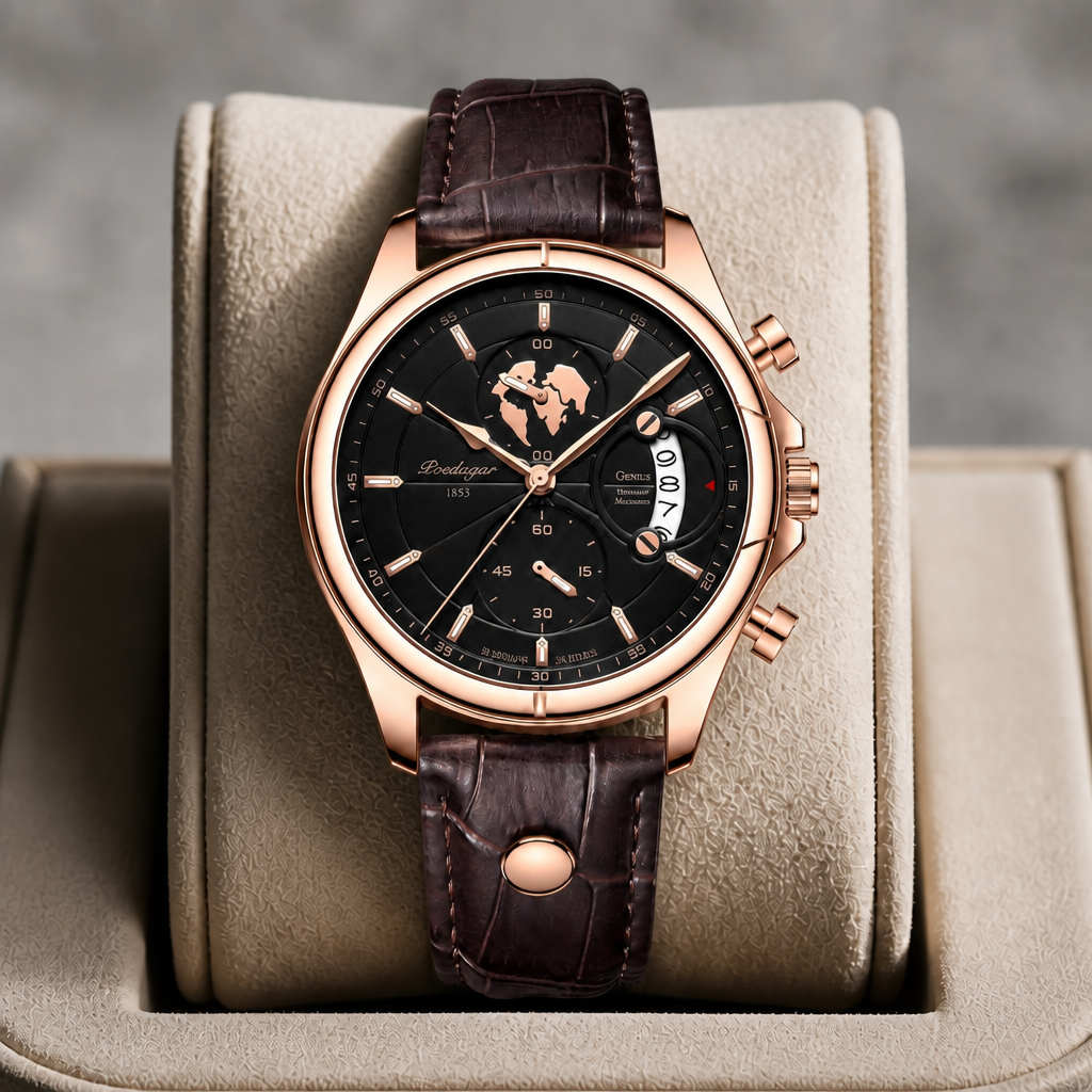 Montre ronde homme cuir marron présentée dans son écrin en cuir beige