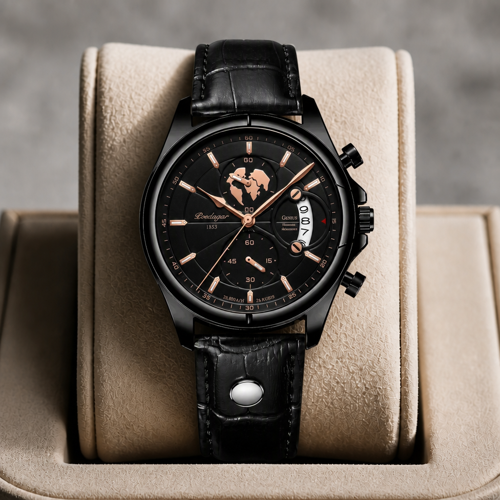 Montre ronde homme noire présentée dans son écrin en cuir beige