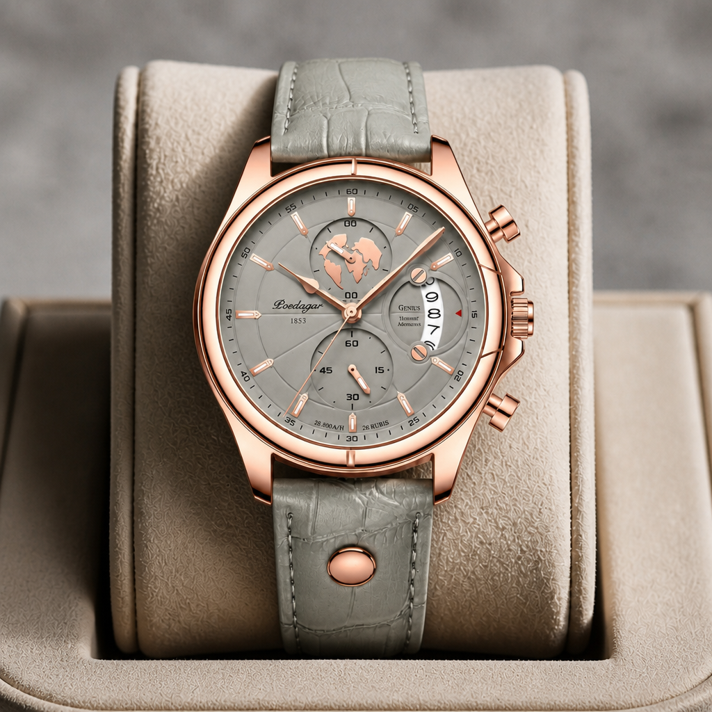 Montre ronde homme cuir vert d'eau présentée dans son écrin en cuir beige