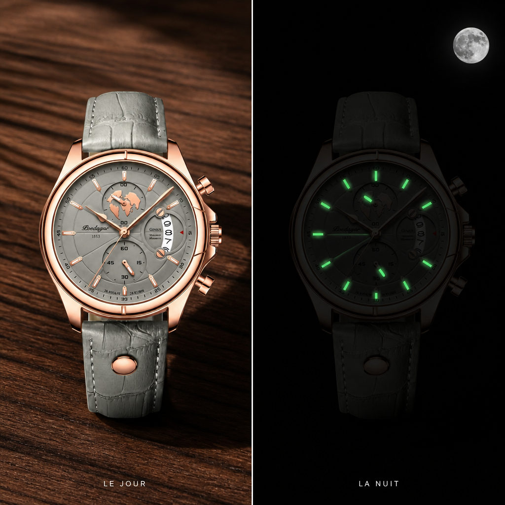 Montre homme chic de jour et de nuit, index luminescents verts dans le noir