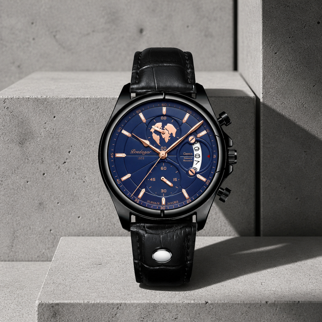 Montre ronde homme au cadran bleu et planisphère doré, posée sur du béton