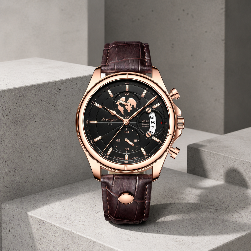 Montre ronde homme cuir marron et cadran à planisphère, posée sur du béton