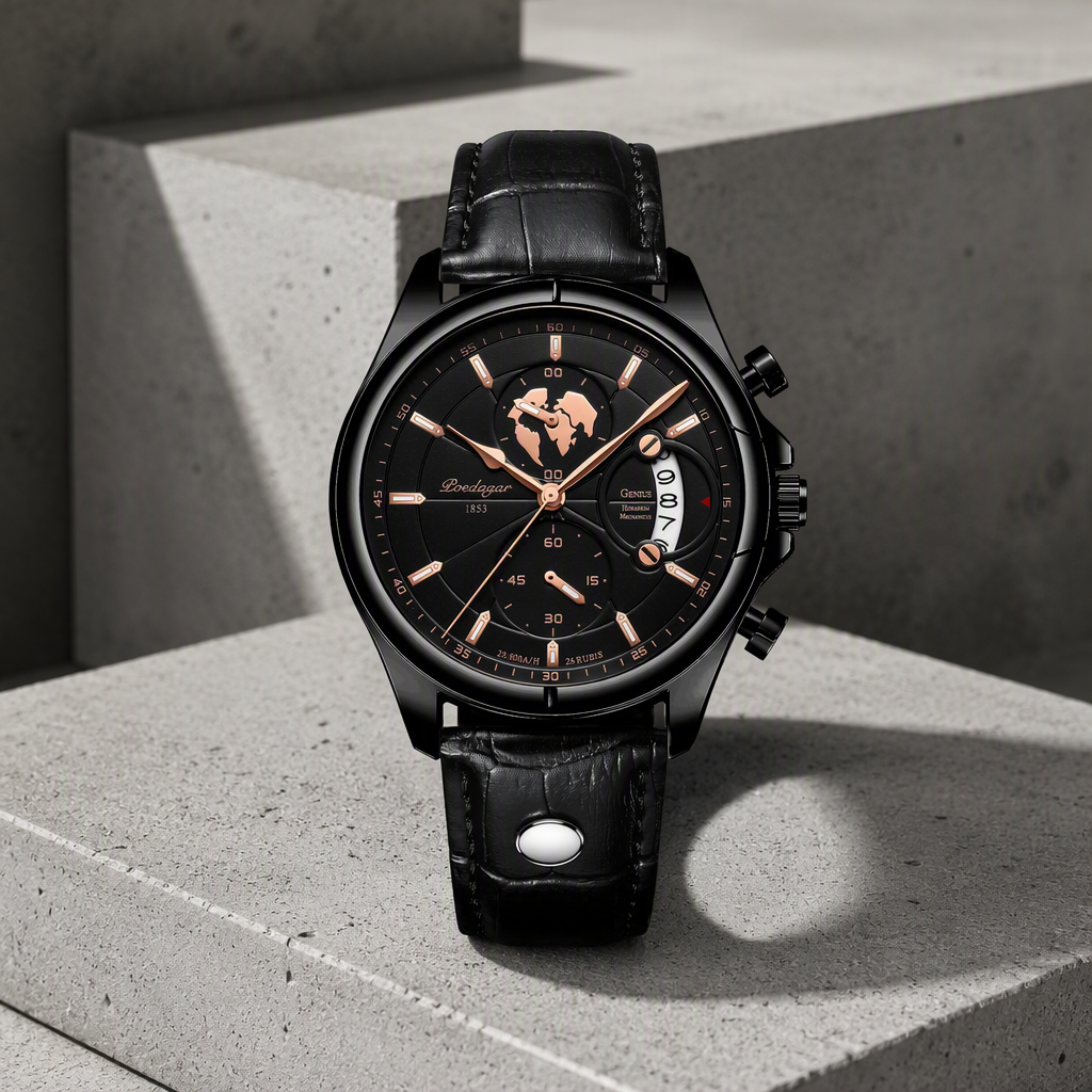 Montre ronde homme noire à cadran planisphère posée sur du béton