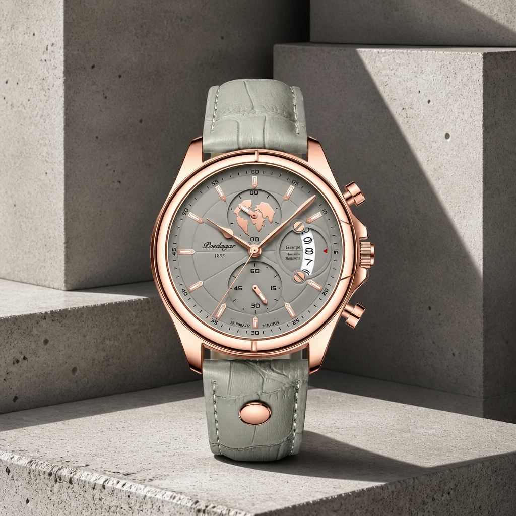 Montre ronde homme cuir vert d'eau et cadran à planisphère, posée sur du béton