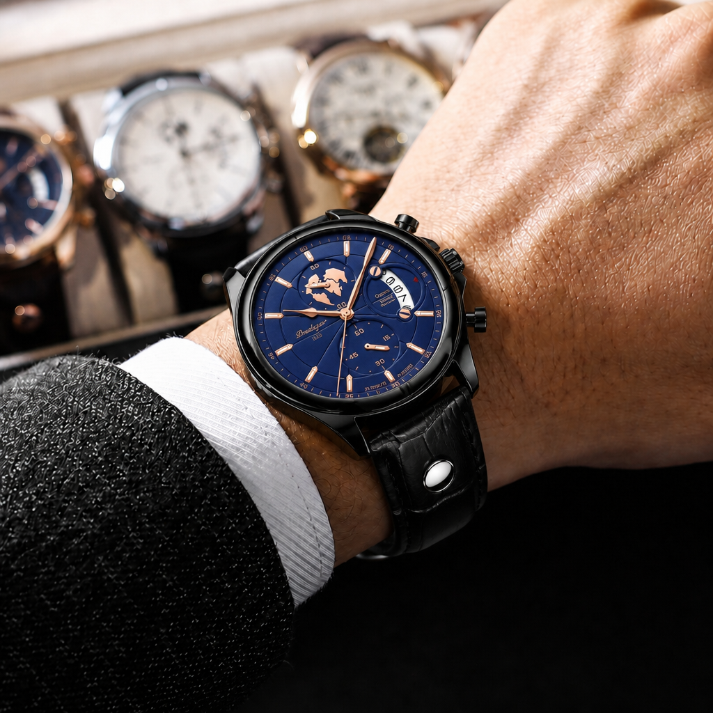 Montre homme chic ronde à cadran bleu et cuir grainé, portée au poignet