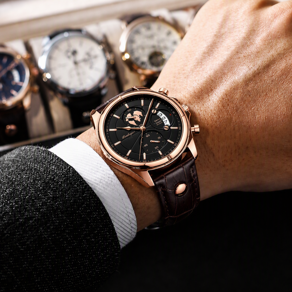 Montre homme chic ronde en cuir marron et boîtier or rose, portée au poignet