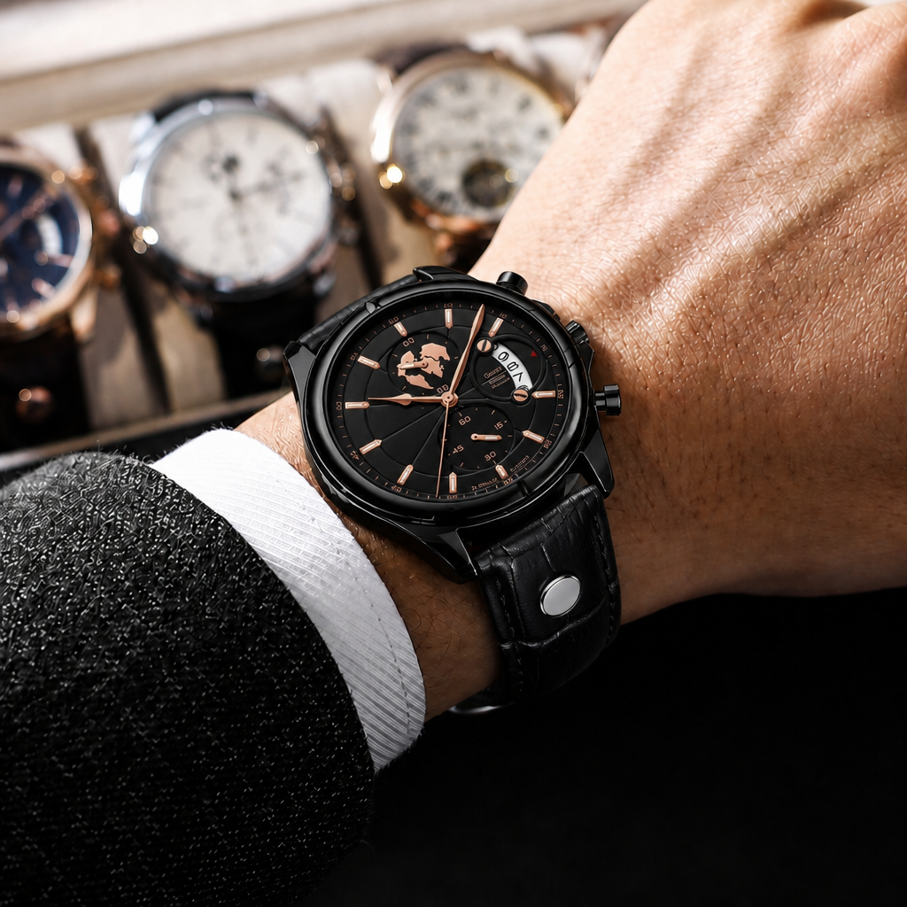 Montre homme chic ronde entièrement noire en cuir grainé, portée au poignet