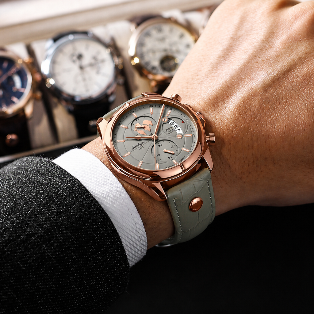 Montre homme chic ronde en cuir vert d'eau et boîtier or rose, portée au poignet