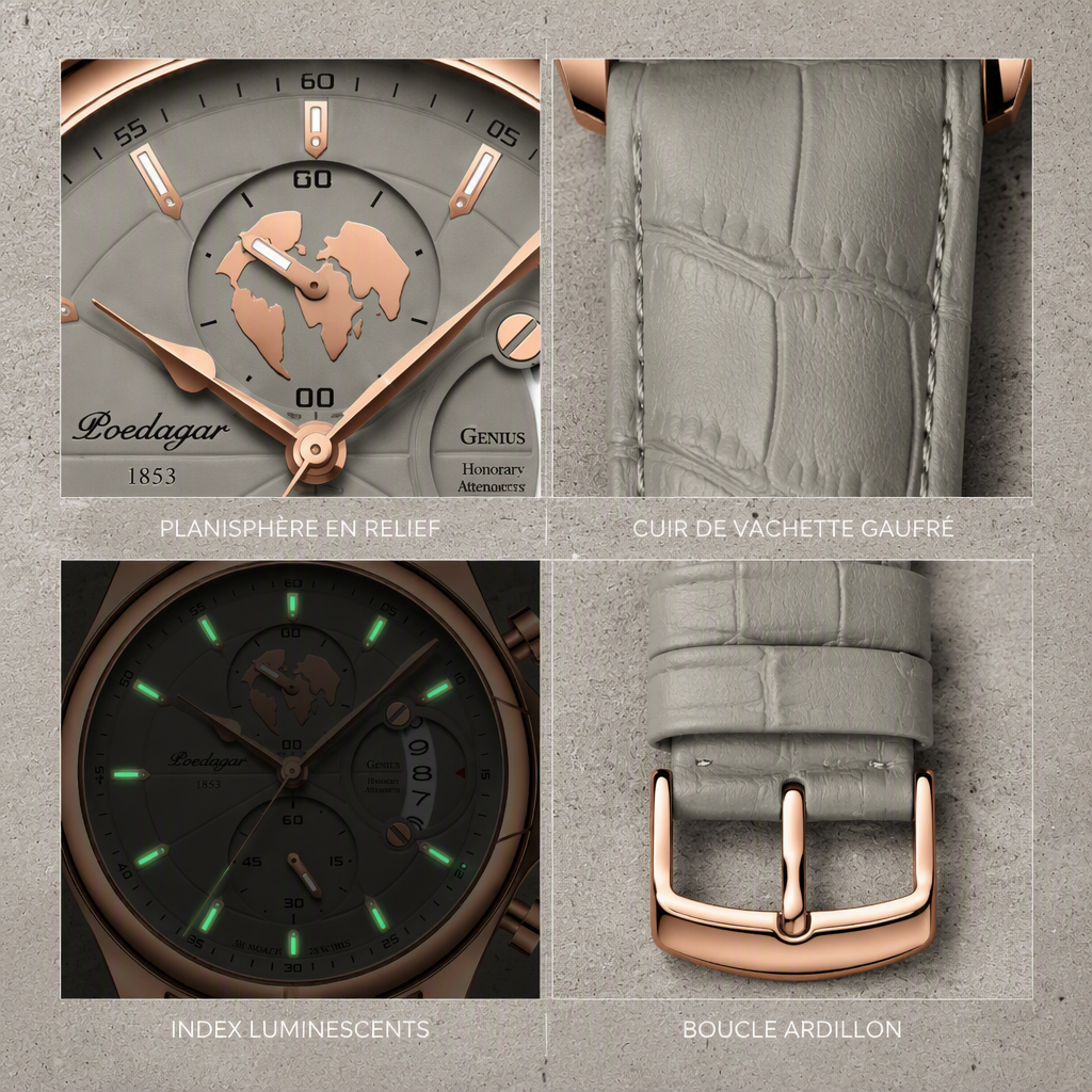 Détails de la montre homme chic : planisphère en relief, cuir de vachette gaufré, index luminescents et boucle ardillon