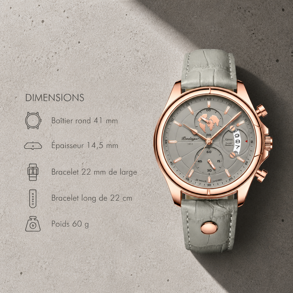 Dimensions de la montre homme chic ronde : boîtier, épaisseur, bracelet et poids