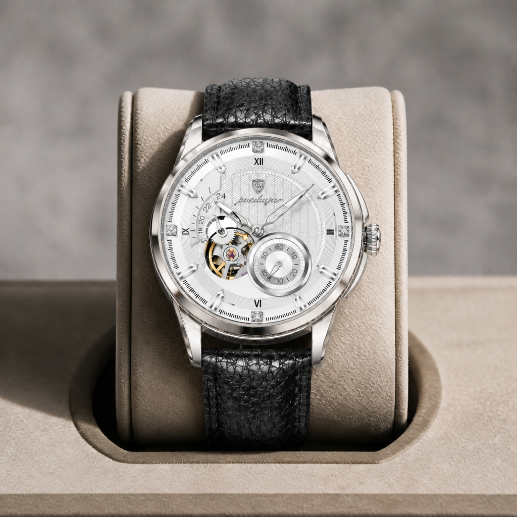 Montre automatique à chiffres romains, cadran blanc, dans son écrin en cuir beige