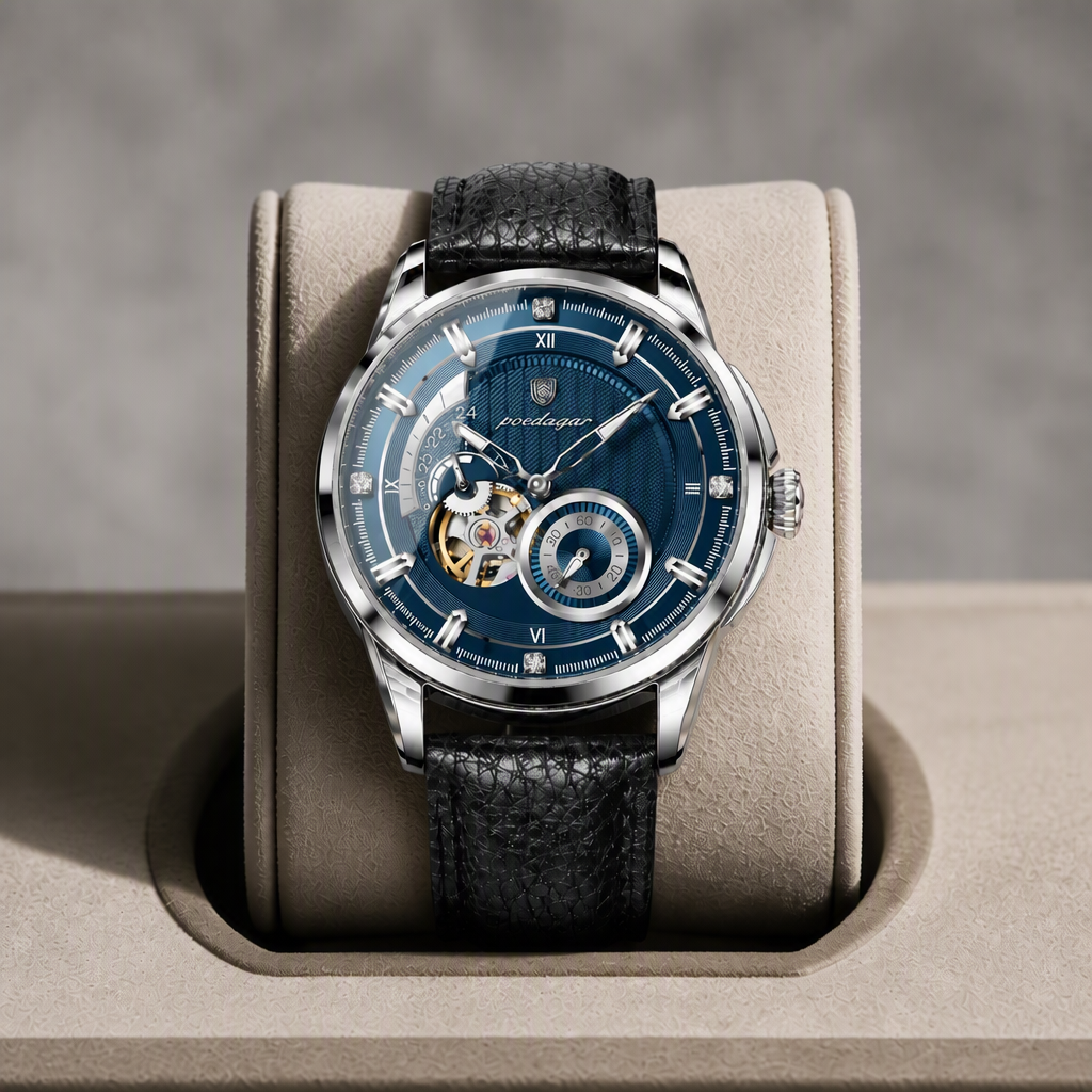 Montre automatique à chiffres romains, cadran bleu, dans son écrin en cuir beige