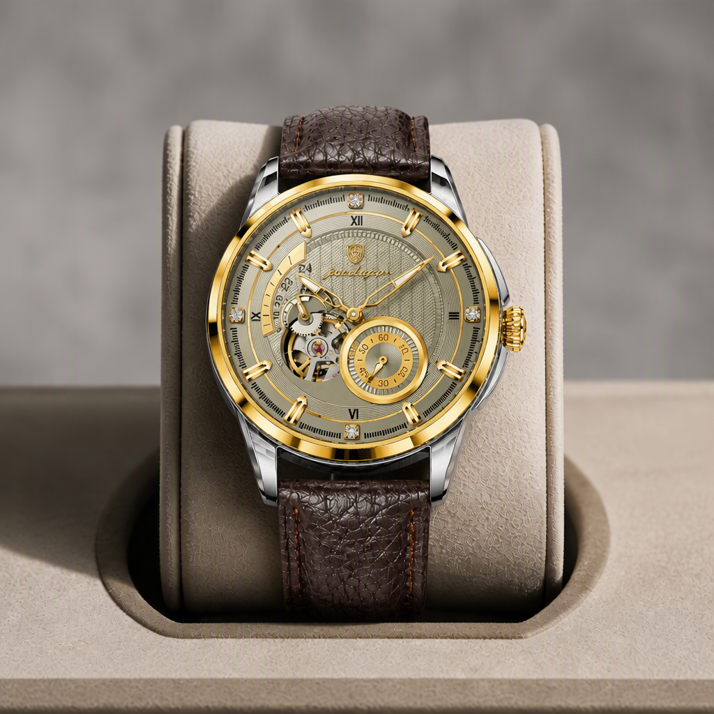 Montre automatique à chiffres romains, cadran gris et lunette dorée, dans son écrin en cuir beige