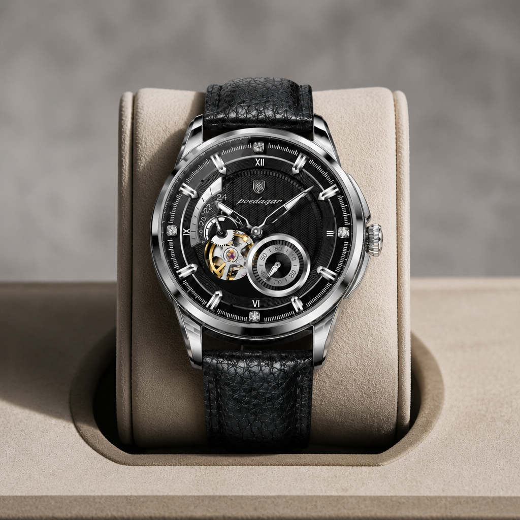 Montre automatique à chiffres romains, cadran noir, dans son écrin en cuir beige