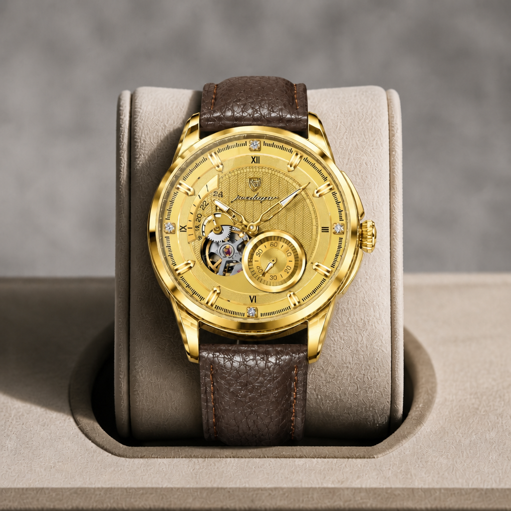 Montre automatique à chiffres romains, cadran doré et boîtier acier, dans son écrin en cuir beige