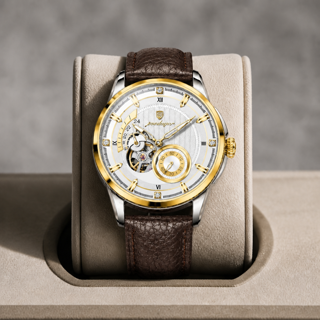 Montre automatique à chiffres romains, cadran blanc et lunette dorée, dans son écrin en cuir beige