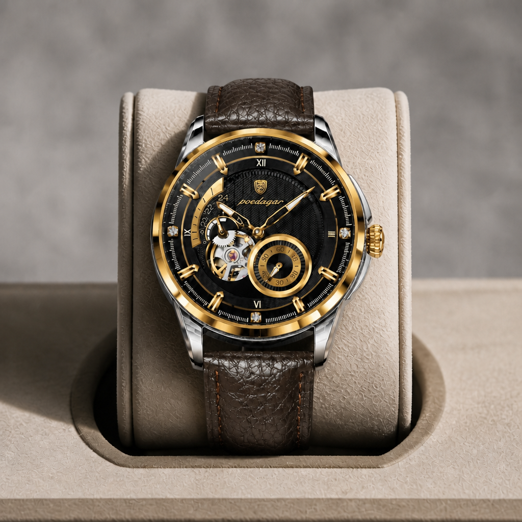 Montre automatique à chiffres romains, cadran noir et or, dans son écrin en cuir beige