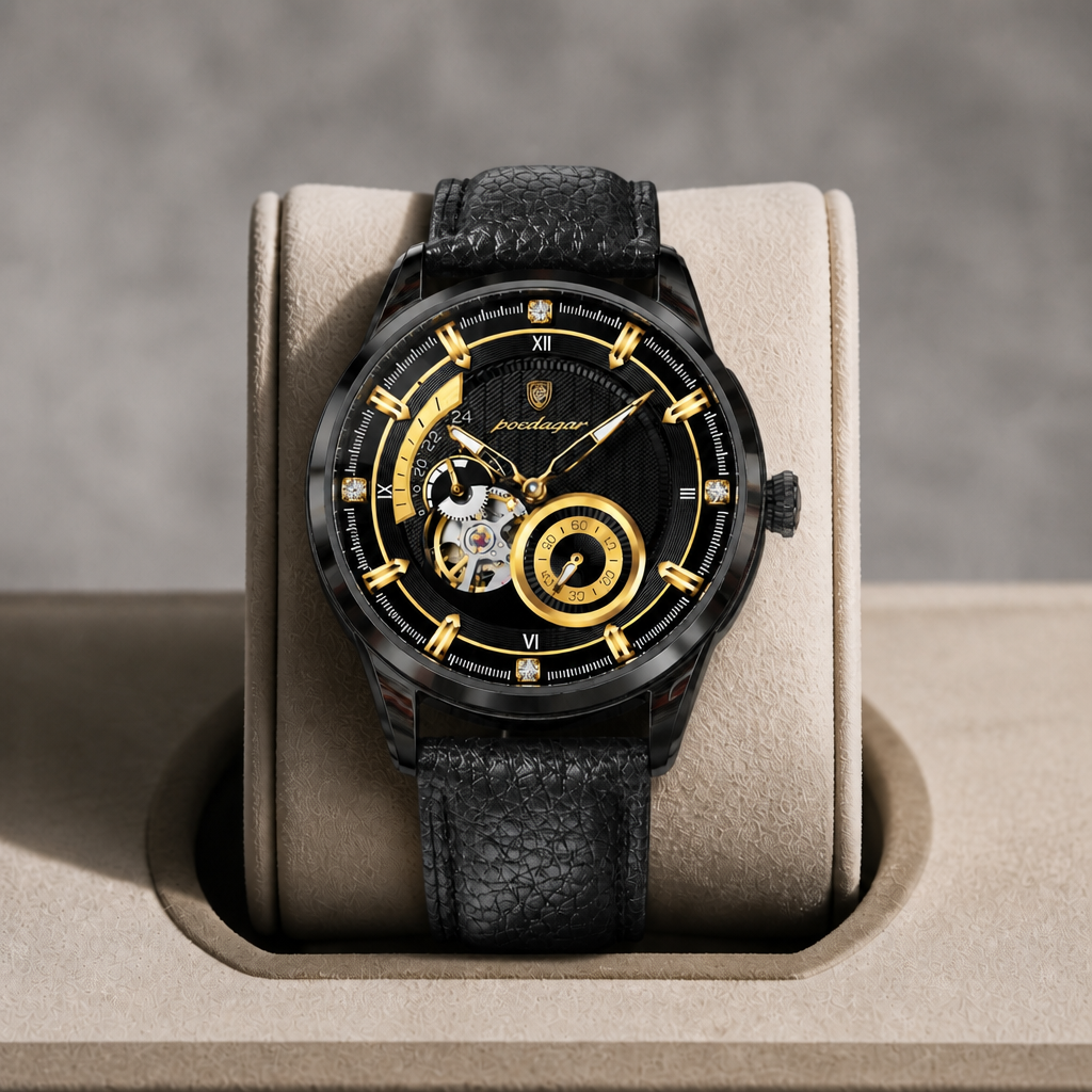Montre automatique à chiffres romains, boîtier noir et or, dans son écrin en cuir beige