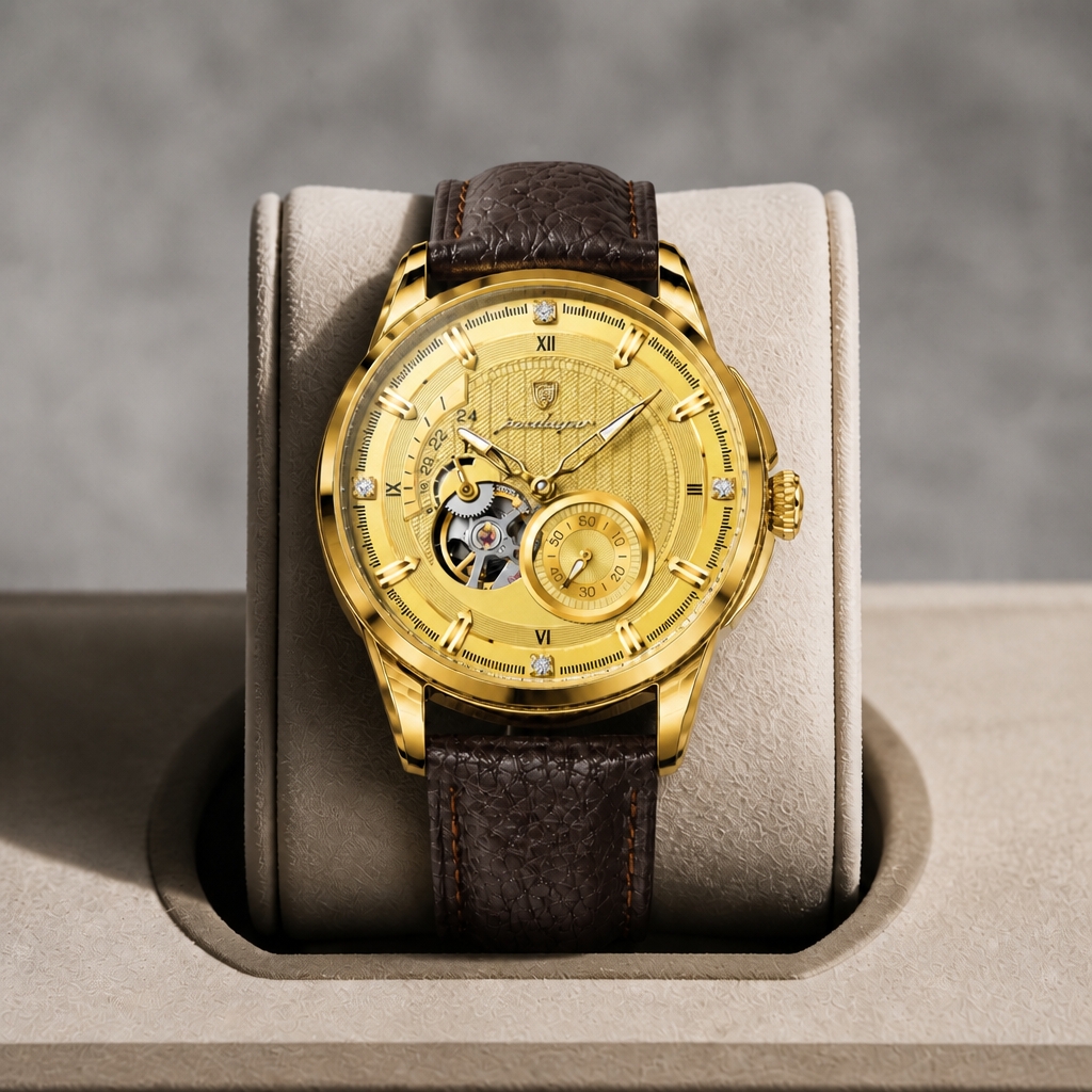 Montre automatique à chiffres romains dorée dans son écrin en cuir beige