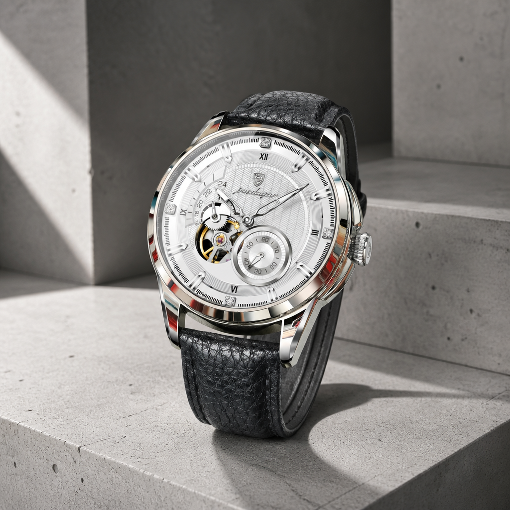 Montre homme chiffres romains automatique, cadran blanc, boîtier acier et bracelet cuir noir
