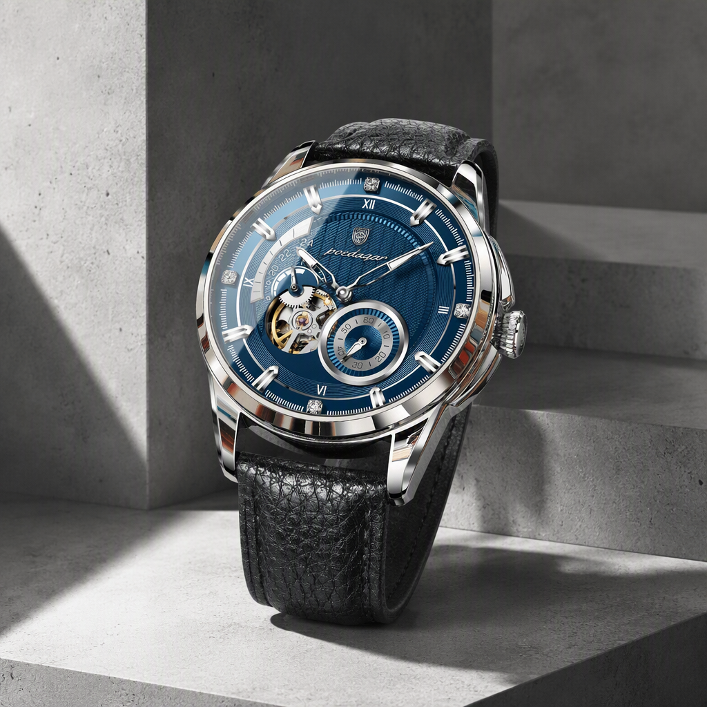 Montre homme chiffres romains automatique, cadran bleu, boîtier acier et bracelet cuir noir