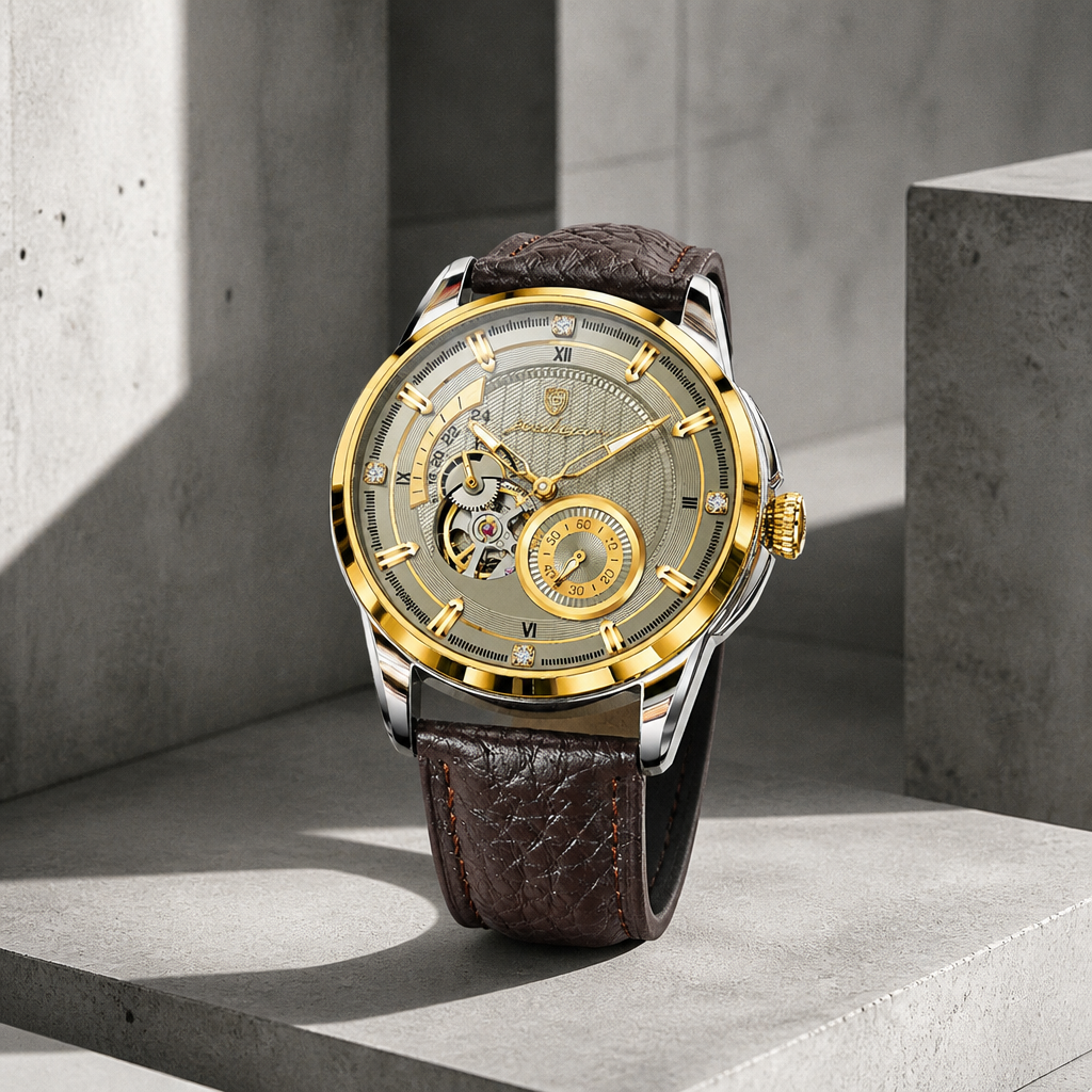 Montre homme chiffres romains automatique, cadran gris, lunette dorée et bracelet cuir marron