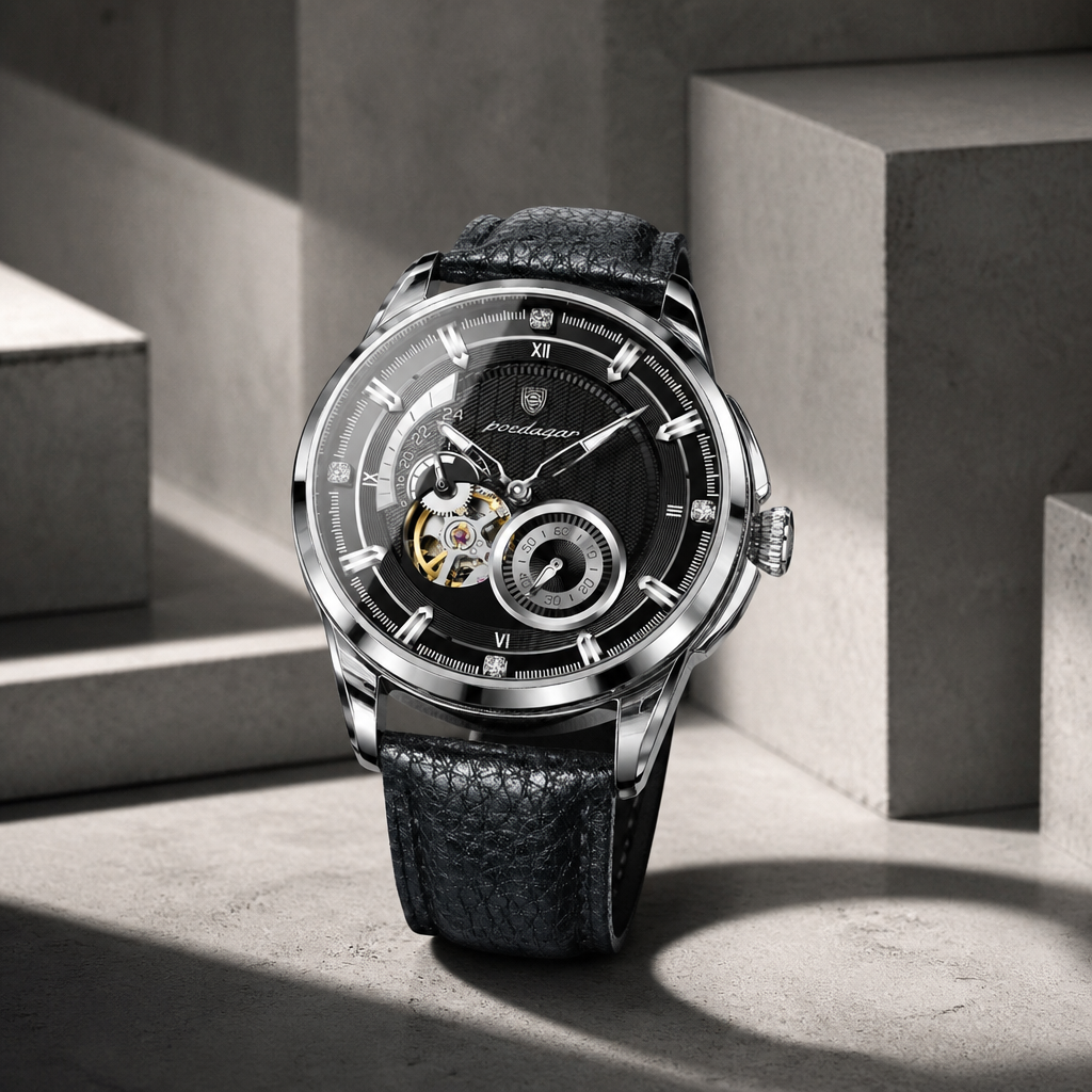 Montre homme chiffres romains automatique, cadran noir, boîtier acier et bracelet cuir noir