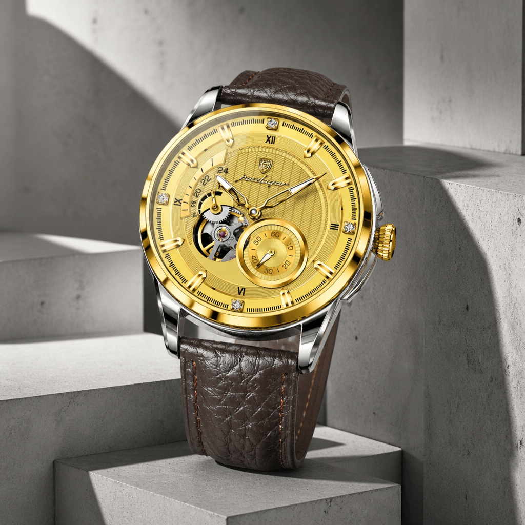 Montre homme chiffres romains automatique, cadran doré, boîtier acier et bracelet cuir marron