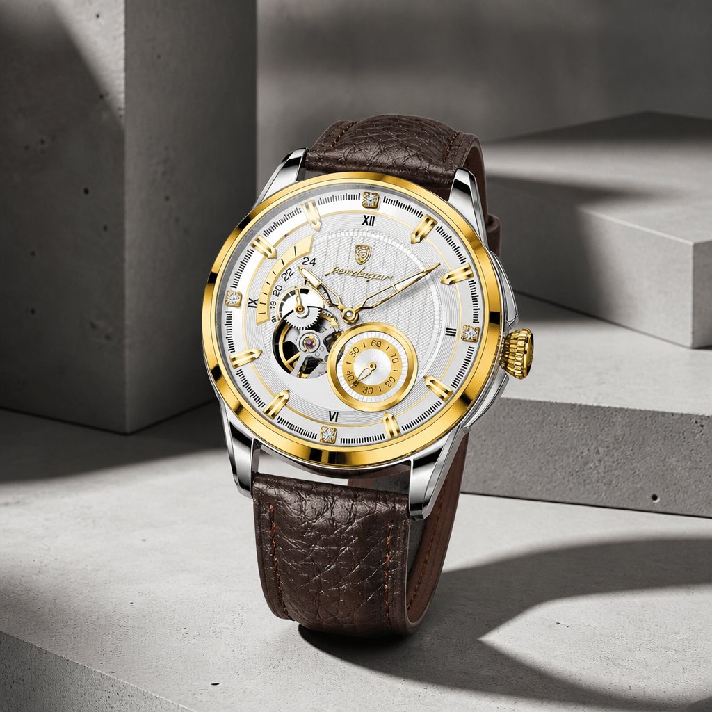 Montre homme chiffres romains automatique, cadran blanc, lunette dorée et bracelet cuir marron