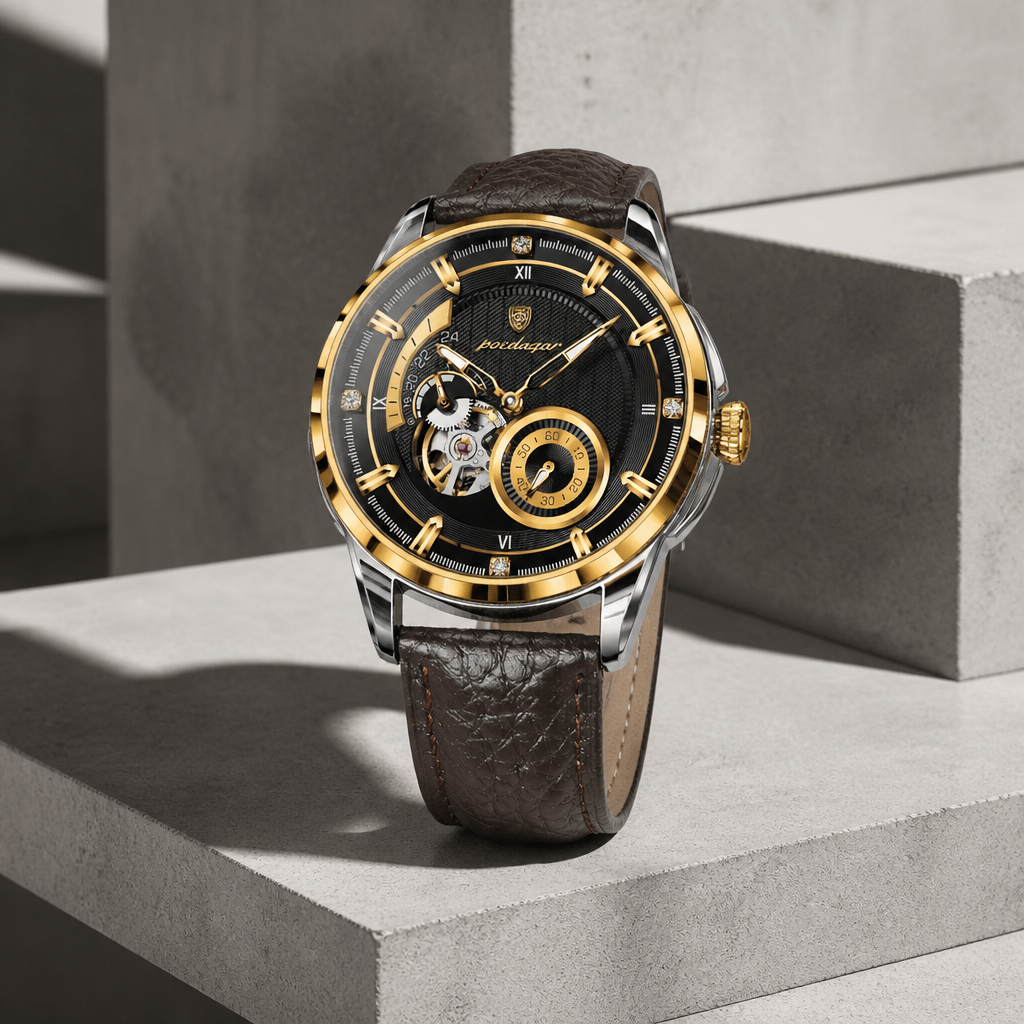 Montre homme chiffres romains automatique, cadran noir et or, bracelet cuir marron