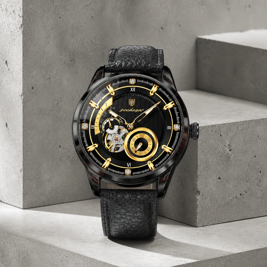 Montre homme chiffres romains automatique, boîtier noir et or, bracelet cuir noir