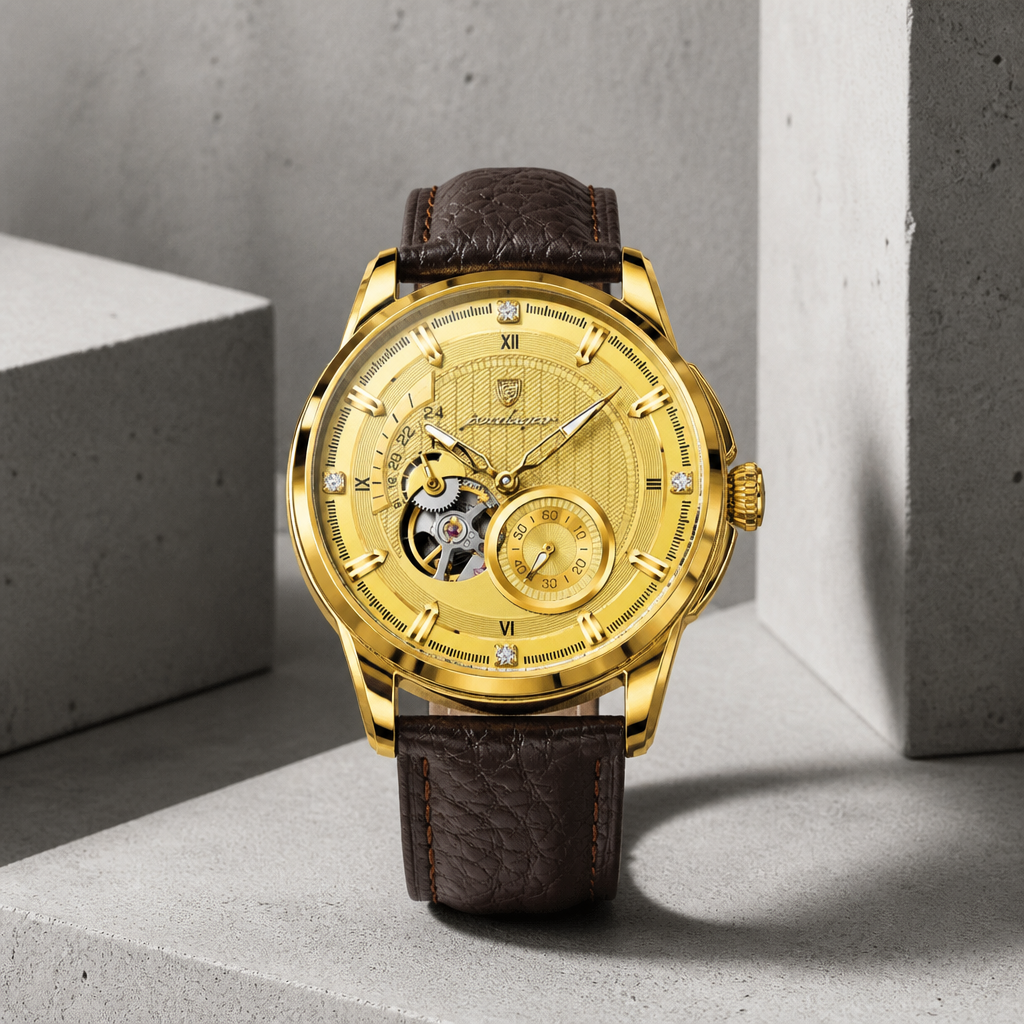 Montre homme chiffres romains automatique, cadran et boîtier dorés, bracelet cuir marron