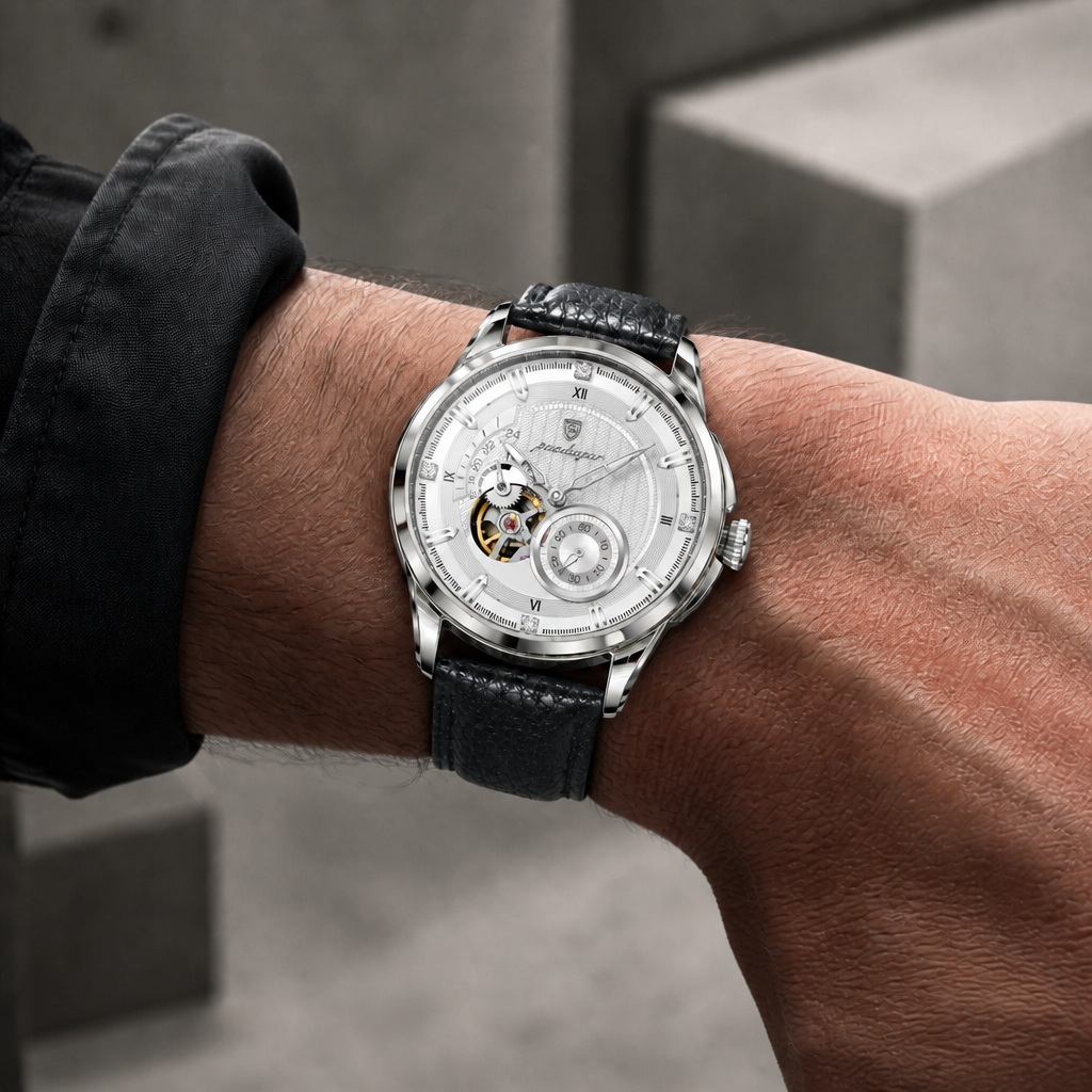 Montre homme à chiffres romains portée au poignet, cadran blanc et boîtier acier