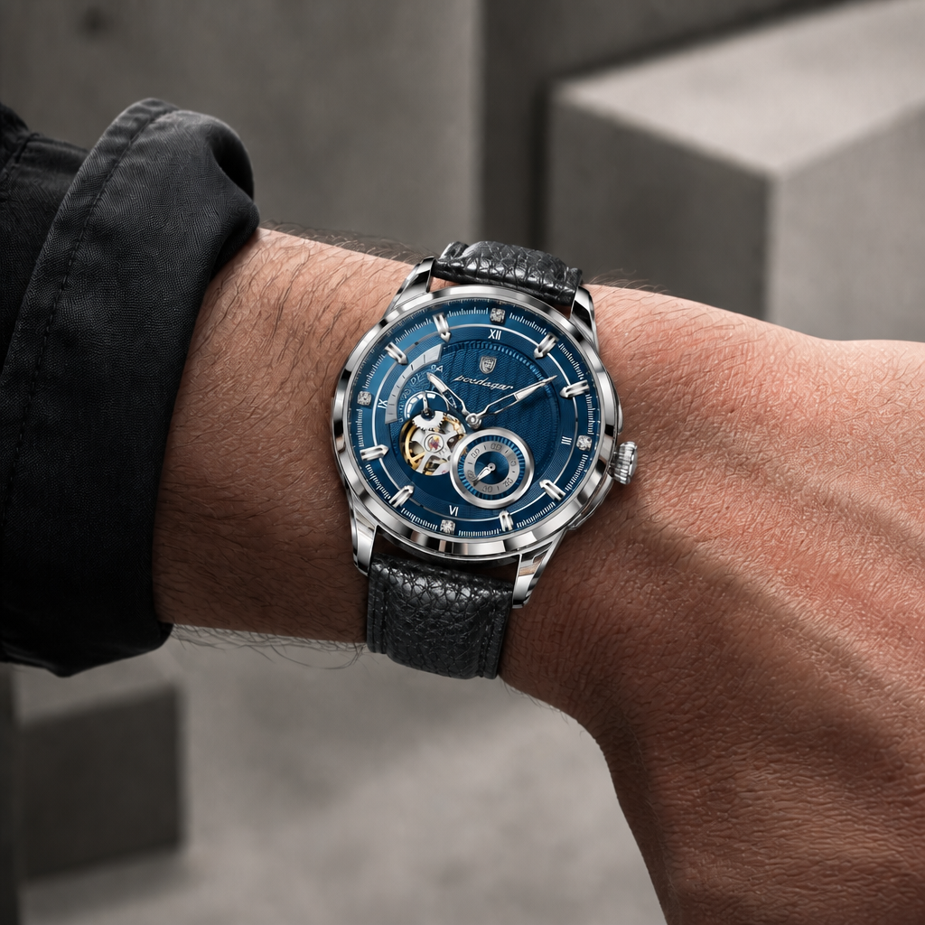 Montre homme à chiffres romains portée au poignet, cadran bleu et boîtier acier