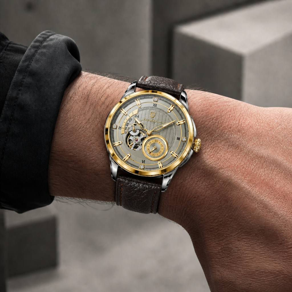 Montre homme à chiffres romains portée au poignet, cadran gris et lunette dorée