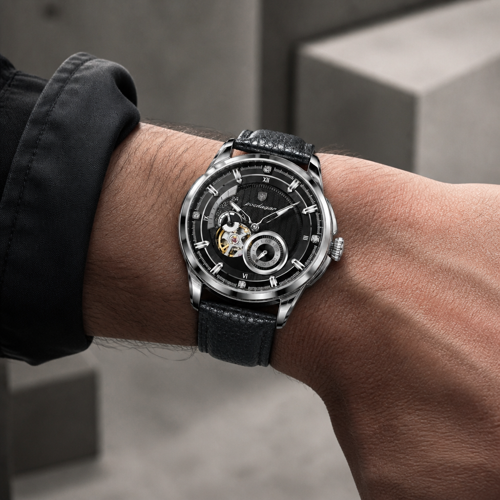 Montre homme à chiffres romains portée au poignet, cadran noir et boîtier acier