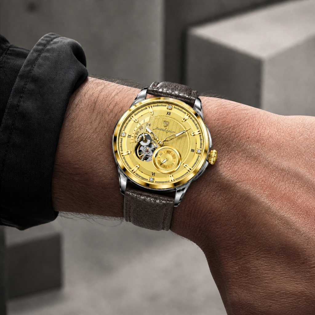 Montre homme à chiffres romains portée au poignet, cadran doré et boîtier acier