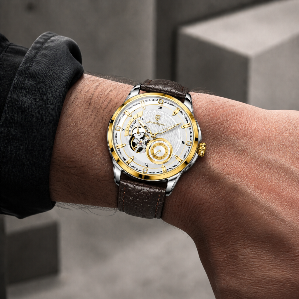 Montre homme à chiffres romains portée au poignet, cadran blanc et lunette dorée