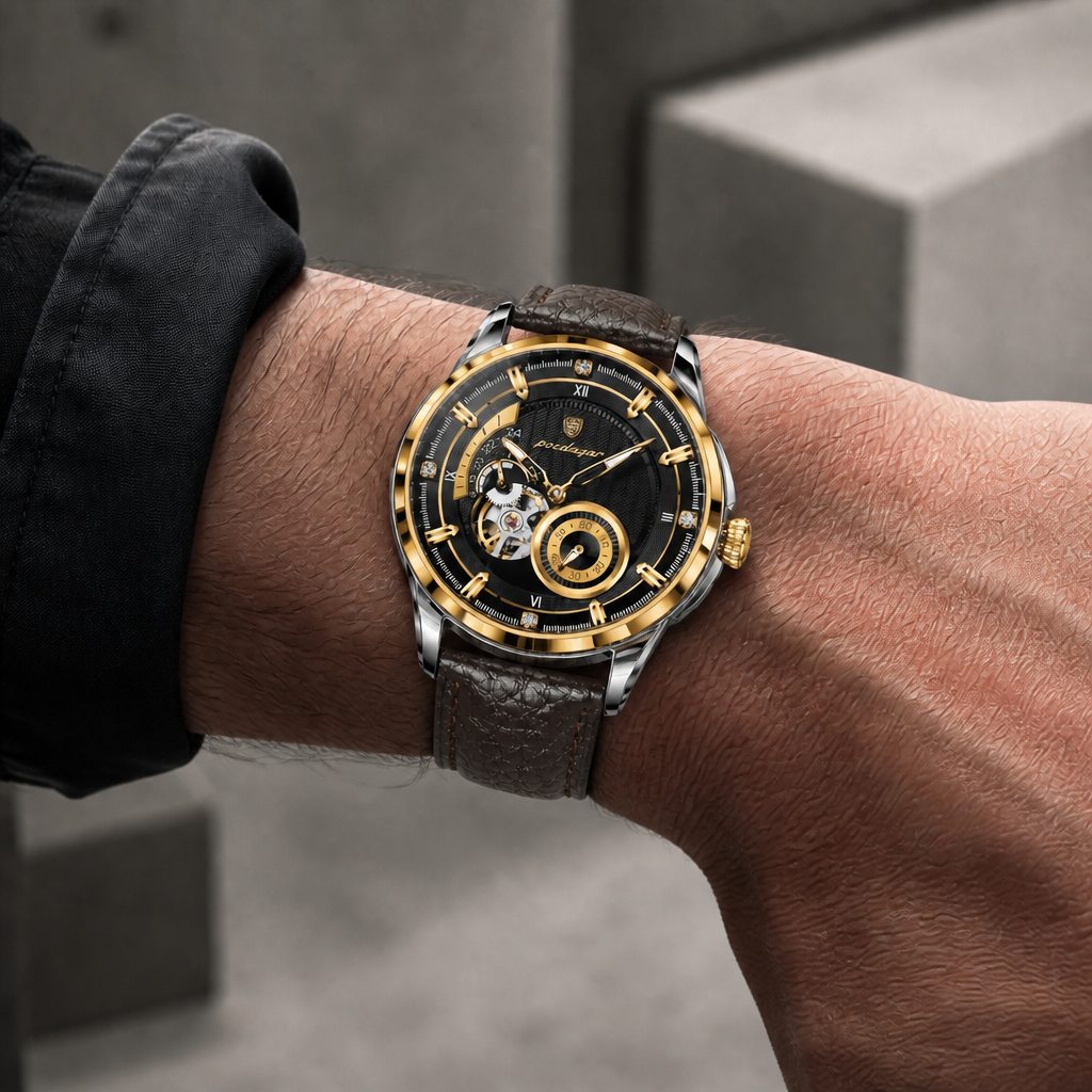 Montre homme à chiffres romains portée au poignet, cadran noir et or
