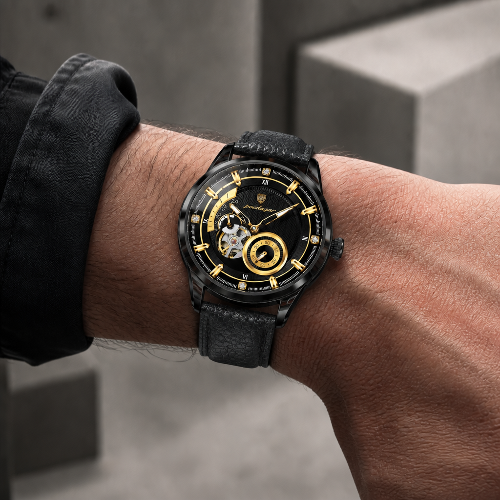 Montre homme à chiffres romains portée au poignet, boîtier noir et or