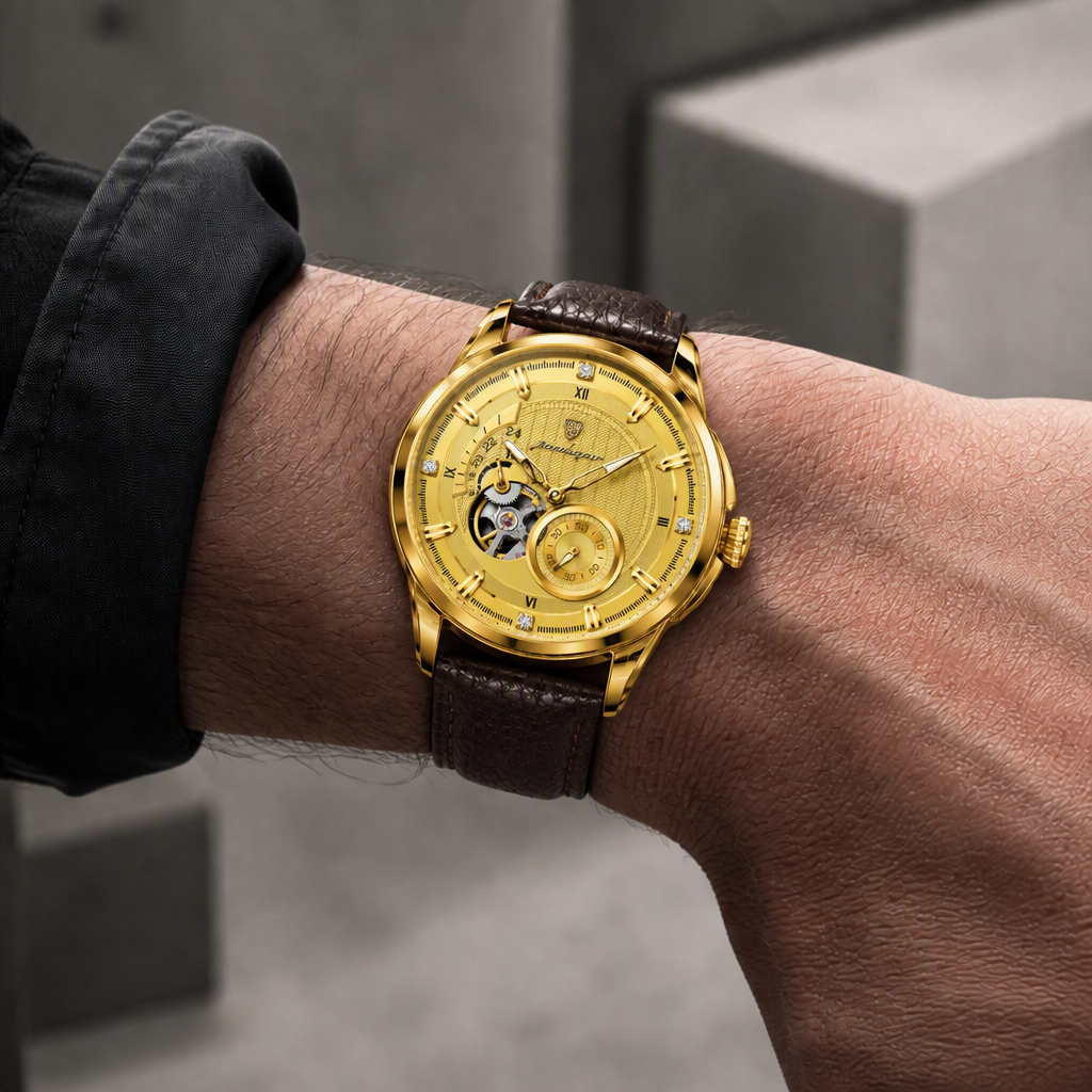 Montre homme à chiffres romains portée au poignet, cadran et boîtier dorés