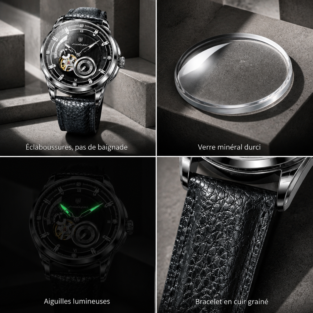 Résistance à l'eau, verre minéral, aiguilles lumineuses et bracelet cuir de la montre à chiffres romains